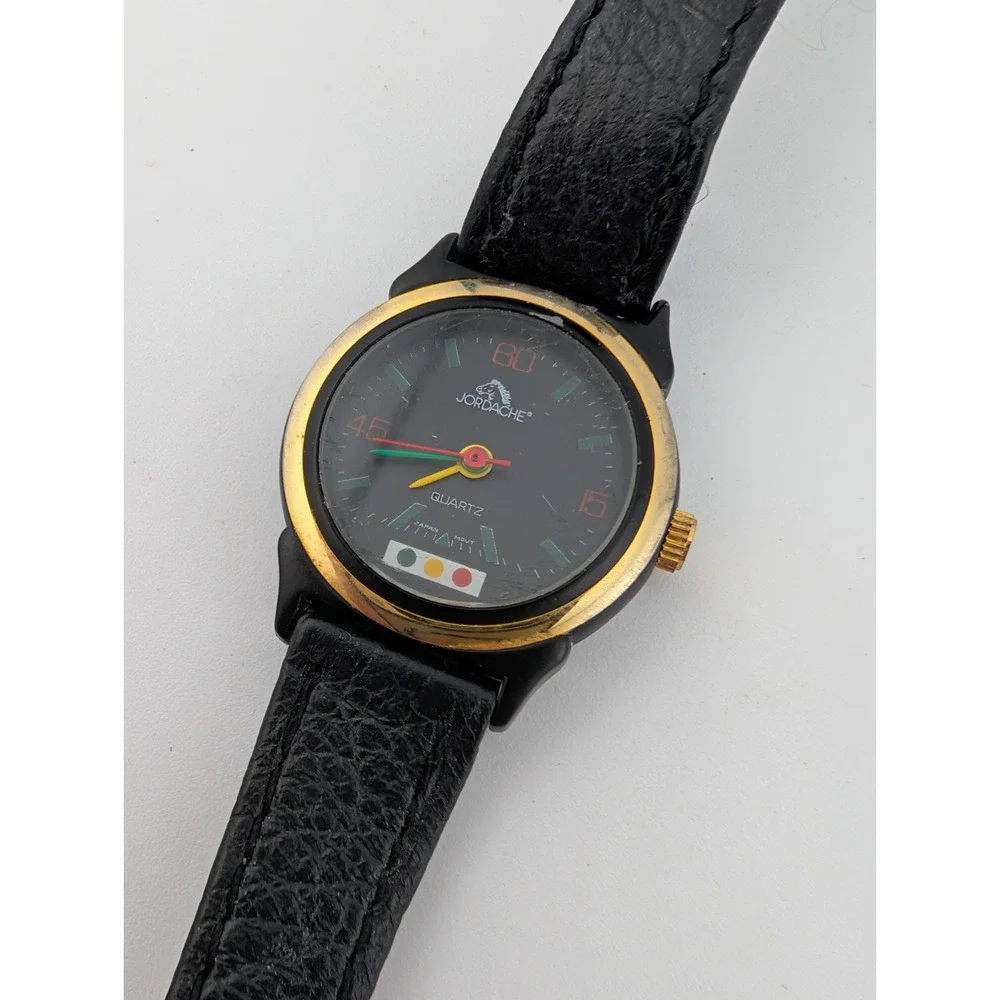 Vintage Jordache Watch Women 23mm Case Black Leather Band- New Battery‎